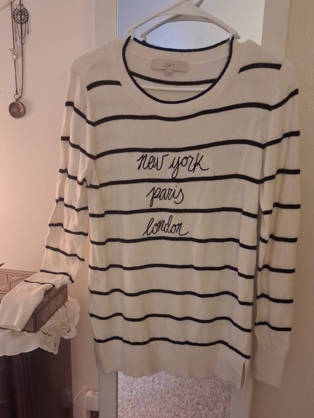 LOFT Cream & Black Striped Sweater - 'New York Paris London'